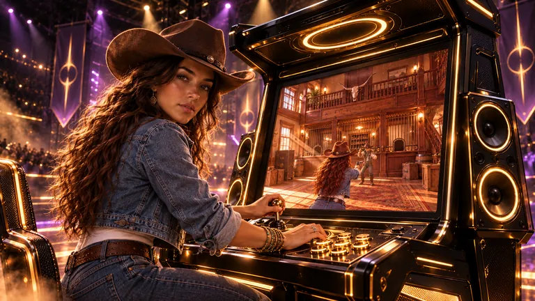 Clara Wilder spielt ihr Western-Game an einem gold-schwarzen Arcade-Automaten